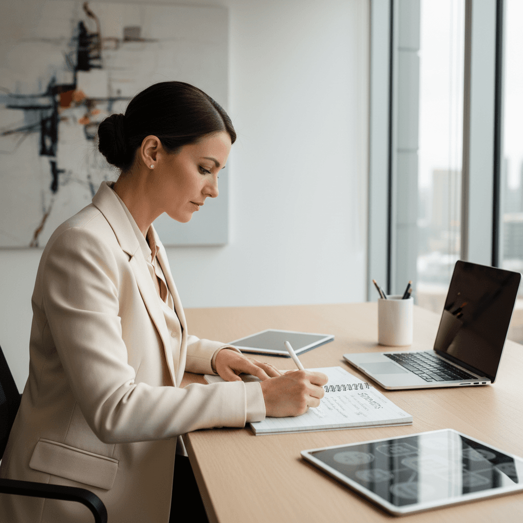 Woman identifying and documenting her professional strengths