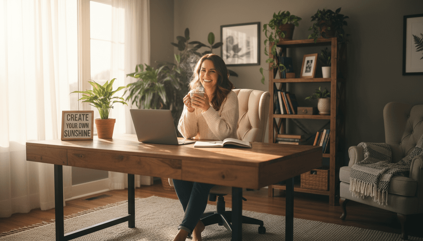 Woman returning to work sitting at a bright, welcoming desk with warm natural lighting