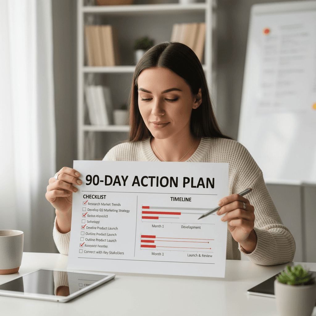 Woman working through her concrete 90-day action plan