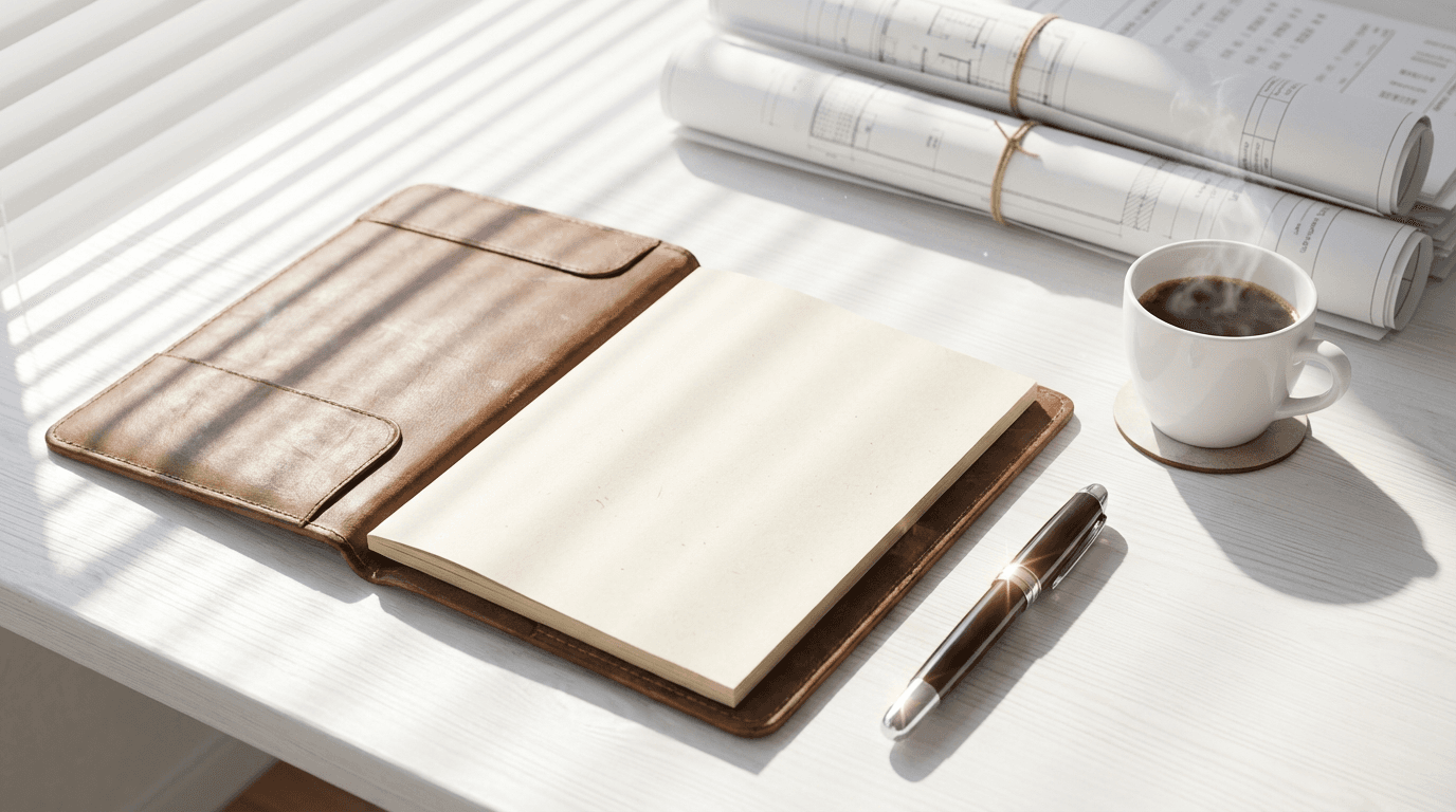 Bright minimalist desk with open notebook, pen, and coffee cup with window blind shadows