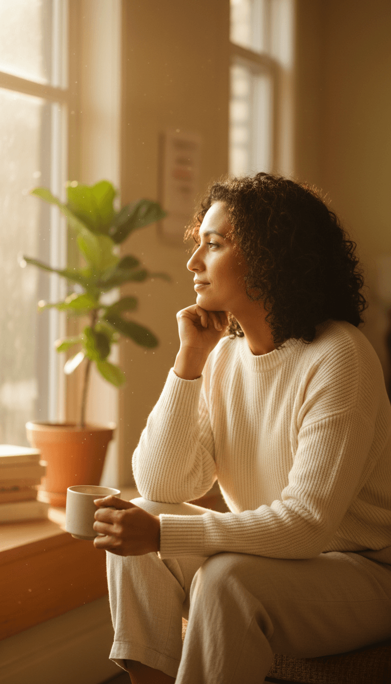Diverse individual in contemplative moment, gazing toward window light, reflecting personal growth and healing