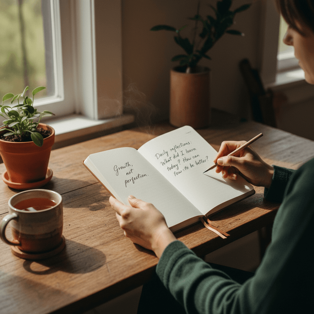Woman writing in journal at sunlit desk with tea and plants, focused on reflective writing practice
